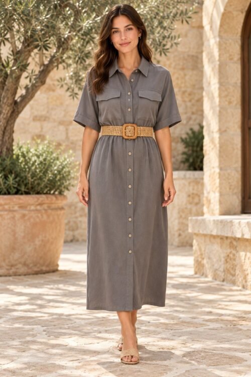 Vestido camisero midi con cinturón