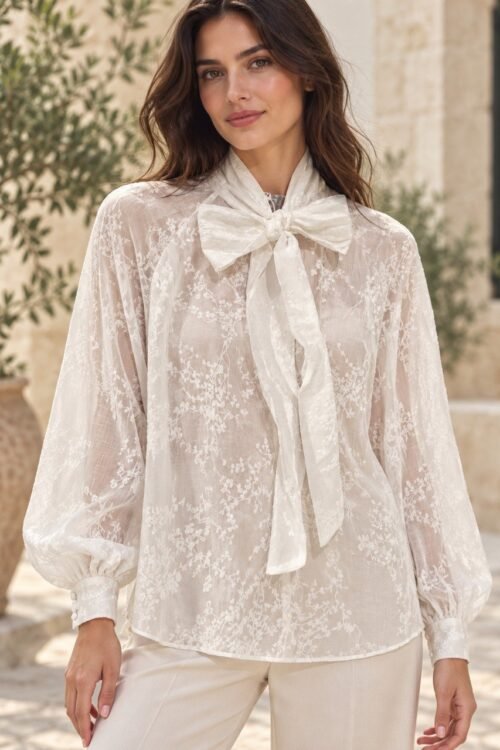 Blusa romántica con lazo y estampado de terciopelo
