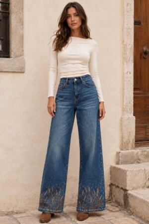 Vaqueros de pierna ancha con bordado y strass