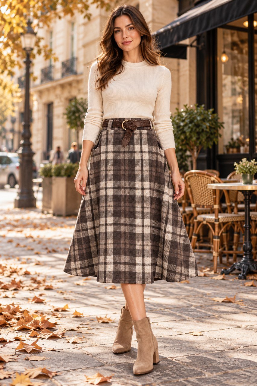 Falda midi de cuadros con cinturón 4 Falda midi de cuadros con cinturón - Imagen 4