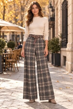 Pantalones cómodos de cuadros con cinturón